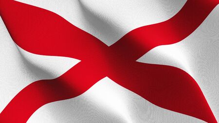 Alabama US State flag waving on wind. United States of America Alabama background fullscreen flag blowing on wind. Realistic fabric texture on elevator day.の写真素材