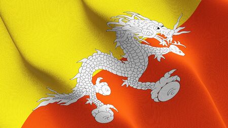 Bhutan flag waving on wind. Bhutanese background fullscreen flag blowing on wind. Realistic fabric texture on elevator day.の写真素材