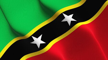 Saint Kitts and Nevis flag waving on wind. Saint Kitts and Nevis background fullscreen flag blowing on wind. Realistic fabric texture on elevator day.の写真素材