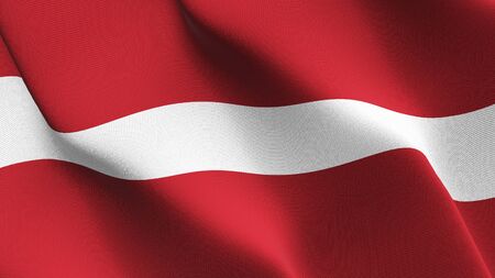 Latvia flag waving on wind. Latvian background fullscreen flag blowing on wind. Realistic fabric texture on elevator day.の写真素材