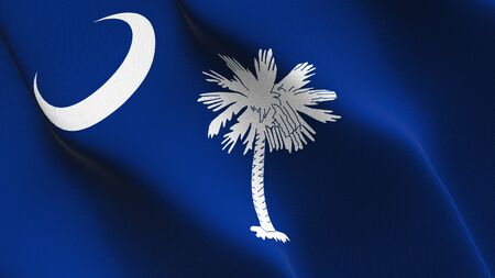 South Carolina US State flag waving on wind. United States of America South Carolina background fullscreen flag blowing on wind. Realistic fabric texture on elevator day.の写真素材