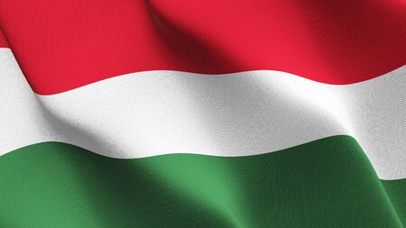 Hungary flag waving on wind. Hungarian background fullscreen flag blowing on wind. Realistic fabric texture on elevator day.の写真素材