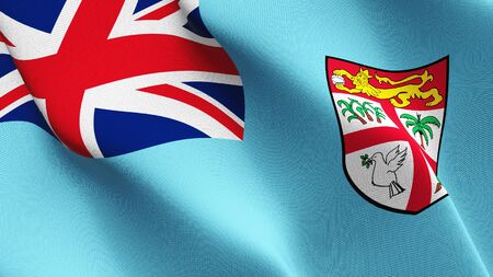 Fiji flag waving on wind. Fiji background fullscreen flag blowing on wind. Realistic fabric texture on elevator day.の写真素材