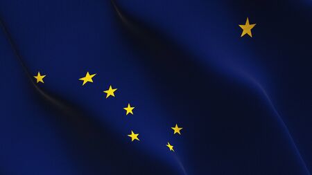 Alaska US State flag waving on wind. United States of America Alaska background fullscreen flag blowing on wind. Realistic fabric texture on elevator day.の写真素材