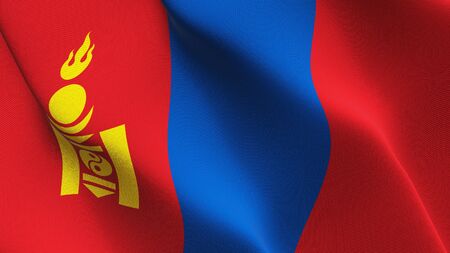 Mongolia flag waving on wind. Mongolian background fullscreen flag blowing on wind. Realistic fabric texture on elevator day.の写真素材