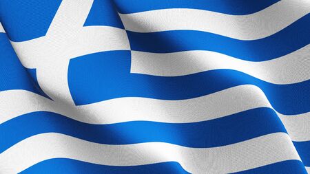 Greece flag waving on wind. Greek background fullscreen flag blowing on wind. Realistic fabric texture on elevator day.の写真素材