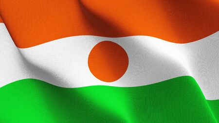 Niger flag waving on wind. Nigerien background fullscreen flag blowing on wind. Realistic fabric texture on elevator day.の写真素材