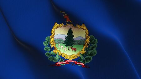Vermont US State flag waving on wind. United States of America Vermont background fullscreen flag blowing on wind. Realistic fabric texture on elevator day.の写真素材