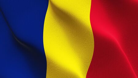 Chad flag waving on wind. Chadian background fullscreen flag blowing on wind. Realistic fabric texture on elevator day.の写真素材