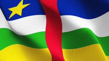 Central African Republic flag waving on wind. Central African Republic background fullscreen flag blowing on wind. Realistic fabric texture on elevator day.の写真素材