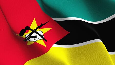 Mozambique flag waving on wind. Mozambican background fullscreen flag blowing on wind. Realistic fabric texture on elevator day.の写真素材