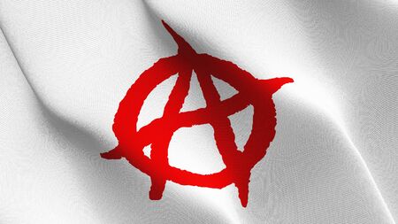 Anarchy Symbol red white flag waving on wind. Anarchy Symbol red on white background fullscreen flag blowing on wind. Realistic fabric texture on elevator day.の写真素材