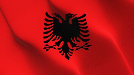 Albania flag waving on wind. Albanian background fullscreen flag blowing on wind. Realistic fabric texture on elevator day.の写真素材
