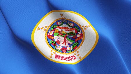 Minnesota US State flag waving on wind. United States of America Minnesota background fullscreen flag blowing on wind. Realistic fabric texture on elevator day.の写真素材