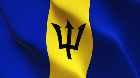 Barbados flag waving on wind. Barbados background fullscreen flag blowing on wind. Realistic fabric...