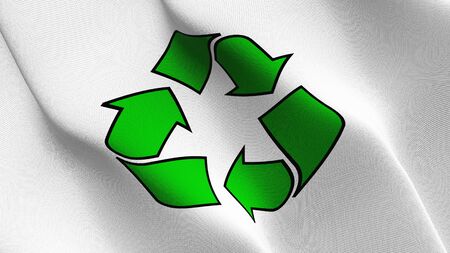 Recycle flag waving on wind. Recycle background fullscreen flag blowing on wind. Realistic fabric texture on elevator day.の写真素材