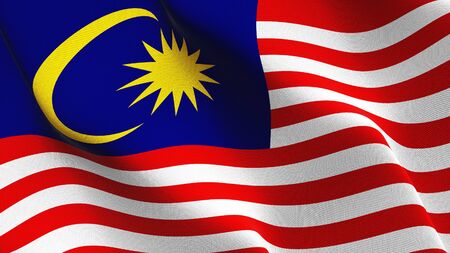Malaysia flag waving on wind. Malaysian background fullscreen flag blowing on wind. Realistic fabric texture on elevator day.の写真素材