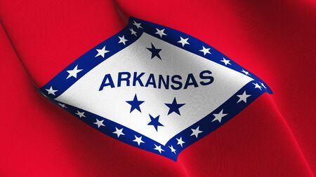 Arkansas US State flag waving on wind. United States of America Arkansas background fullscreen flag blowing on wind. Realistic fabric texture on elevator day.の写真素材