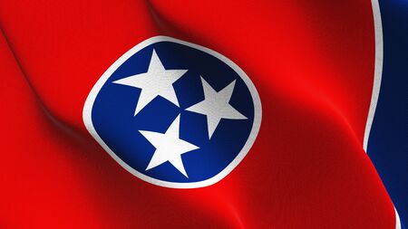 Tennessee US State flag waving on wind. United States of America Tennessee background fullscreen flag blowing on wind. Realistic fabric texture on elevator day.の写真素材