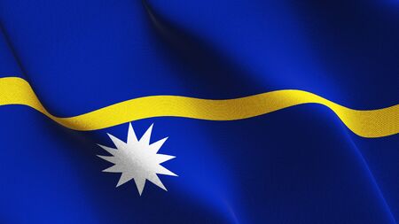 Nauru flag waving on wind. Nauruan background fullscreen flag blowing on wind. Realistic fabric texture on elevator day.の写真素材