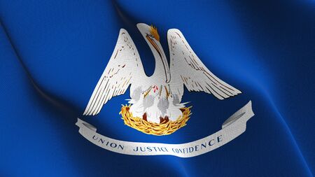 Louisiana US State flag waving on wind. United States of America Louisiana background fullscreen flag blowing on wind. Realistic fabric texture on elevator day.の写真素材