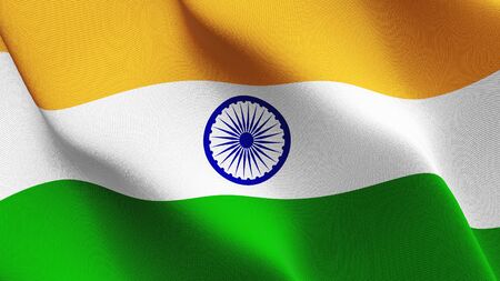 India flag waving on wind. Indian background fullscreen flag blowing on wind. Realistic fabric texture on elevator day.の写真素材