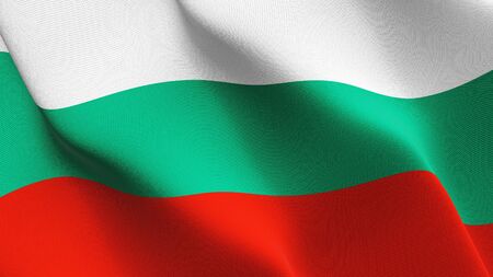Bulgaria flag waving on wind. Bulgarian background fullscreen flag blowing on wind. Realistic fabric texture on elevator day.の写真素材