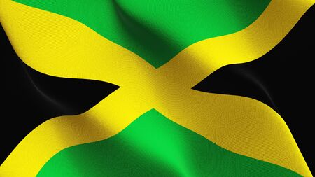 Jamaica flag waving on wind. Jamaican background fullscreen flag blowing on wind. Realistic fabric texture on elevator day.の写真素材