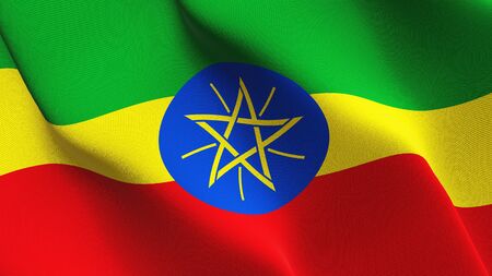 Ethiopia flag waving on wind. Ethiopian background fullscreen flag blowing on wind. Realistic fabric texture on elevator day.の写真素材