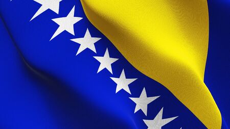 Bosnia and Herzegovina flag waving on wind. Bosnia and Herzegovina background fullscreen flag blowing on wind. Realistic fabric texture on elevator day.の写真素材
