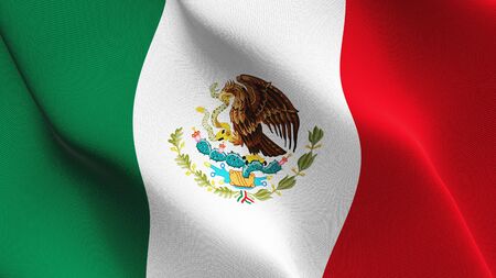 Mexico flag waving on wind. Mexican background fullscreen flag blowing on wind. Realistic fabric texture on elevator day.の写真素材