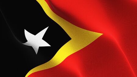 East Timor flag waving on wind. East Timorese background fullscreen flag blowing on wind. Realistic fabric texture on elevator day.の写真素材