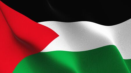 Palestine flag waving on wind. Palestinian background fullscreen flag blowing on wind. Realistic fabric texture on elevator day.の写真素材