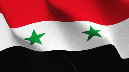 Syria flag waving on wind. Syrian background fullscreen flag blowing on wind. Realistic fabric texture on elevator day.の写真素材