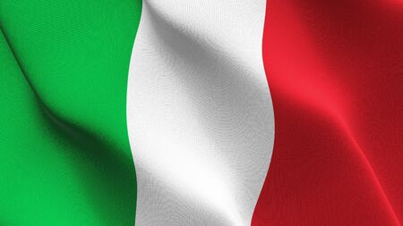 Italy flag waving on wind. Italian background fullscreen flag blowing on wind. Realistic fabric texture on elevator day.の写真素材