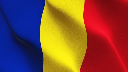 Romania flag waving on wind. Romanian background fullscreen flag blowing on wind. Realistic fabric texture on elevator day.の写真素材