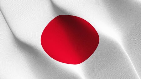 Japan flag waving on wind. Japanese background fullscreen flag blowing on wind. Realistic fabric texture on elevator day.の写真素材