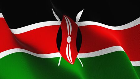 Kenya flag waving on wind. Kenyan background fullscreen flag blowing on wind. Realistic fabric texture on elevator day.の写真素材