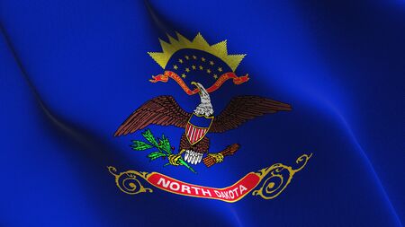North Dakota US State flag waving on wind. United States of America North Dakota background fullscreen flag blowing on wind. Realistic fabric texture on elevator day.の写真素材