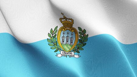 San Marino flag waving on wind. San Marino background fullscreen flag blowing on wind. Realistic fabric texture on elevator day.の写真素材