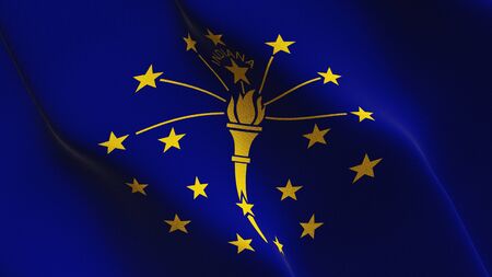 Indiana US State flag waving on wind. United States of America Indiana background fullscreen flag blowing on wind. Realistic fabric texture on elevator day.の写真素材