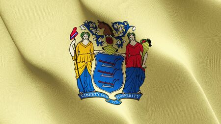 New Jersey US State flag waving on wind. United States of America New Jersey background fullscreen flag blowing on wind. Realistic fabric texture on elevator day.の写真素材