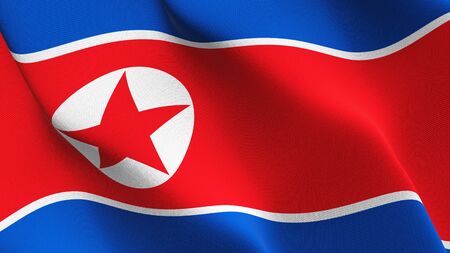 North Korea flag waving on wind. Democratic People's Republic of Korea background fullscreen flag blowing on wind. Realistic fabric texture on elevator day.の写真素材