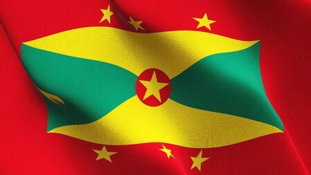 Grenada flag waving on wind. Grenadian background fullscreen flag blowing on wind. Realistic fabric texture on elevator day.の写真素材