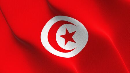 Tunisia flag waving on wind. Tunisian background fullscreen flag blowing on wind. Realistic fabric texture on elevator day.の写真素材