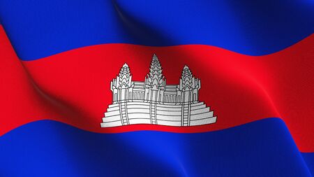 Cambodia flag waving on wind. Cambodian background fullscreen flag blowing on wind. Realistic fabric texture on elevator day.の写真素材