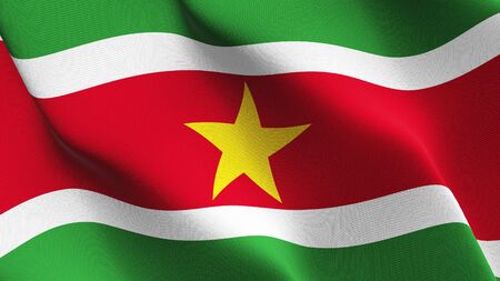 Suriname flag waving on wind. Surinamese background fullscreen flag blowing on wind. Realistic fabric texture on elevator day.の写真素材