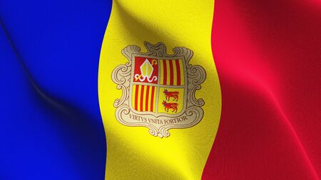 Andorra flag waving on wind. Andorra background fullscreen flag blowing on wind. Realistic fabric texture on elevator day.の写真素材