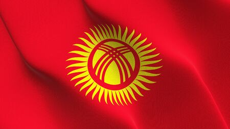 Kyrgyzstan flag waving on wind. Kyrgyzstani background fullscreen flag blowing on wind. Realistic fabric texture on elevator day.の写真素材