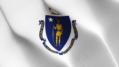 Massachusetts US State flag waving on wind. United States of America Massachusetts background fullscreen flag blowing on wind. Realistic fabric texture on elevator day.の写真素材
